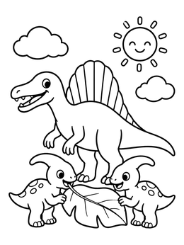 Free printable Friendly Spinosaurus With Baby Dinosaurs coloring page