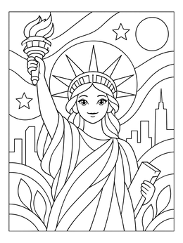 A friendly statue of liberty coloring page with a city skyline background.
