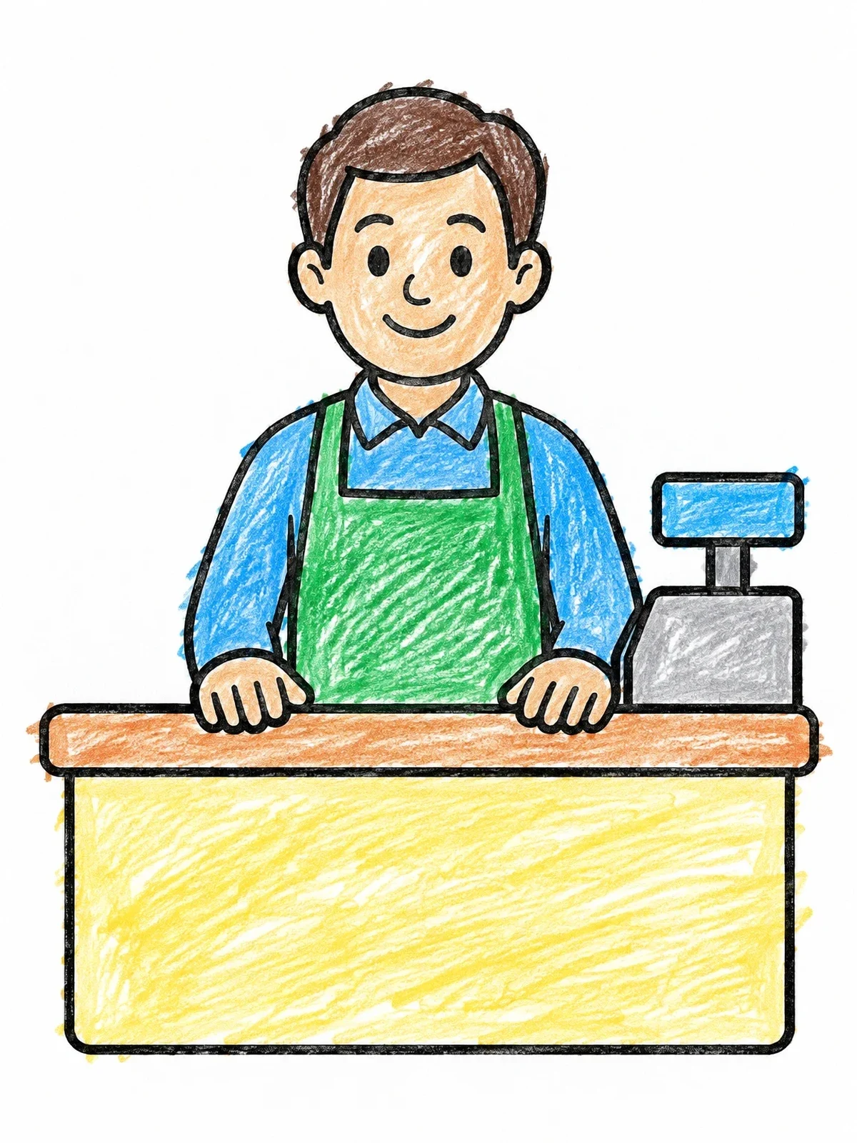 Colored example of the Friendly Store Cashier At Counter coloring page