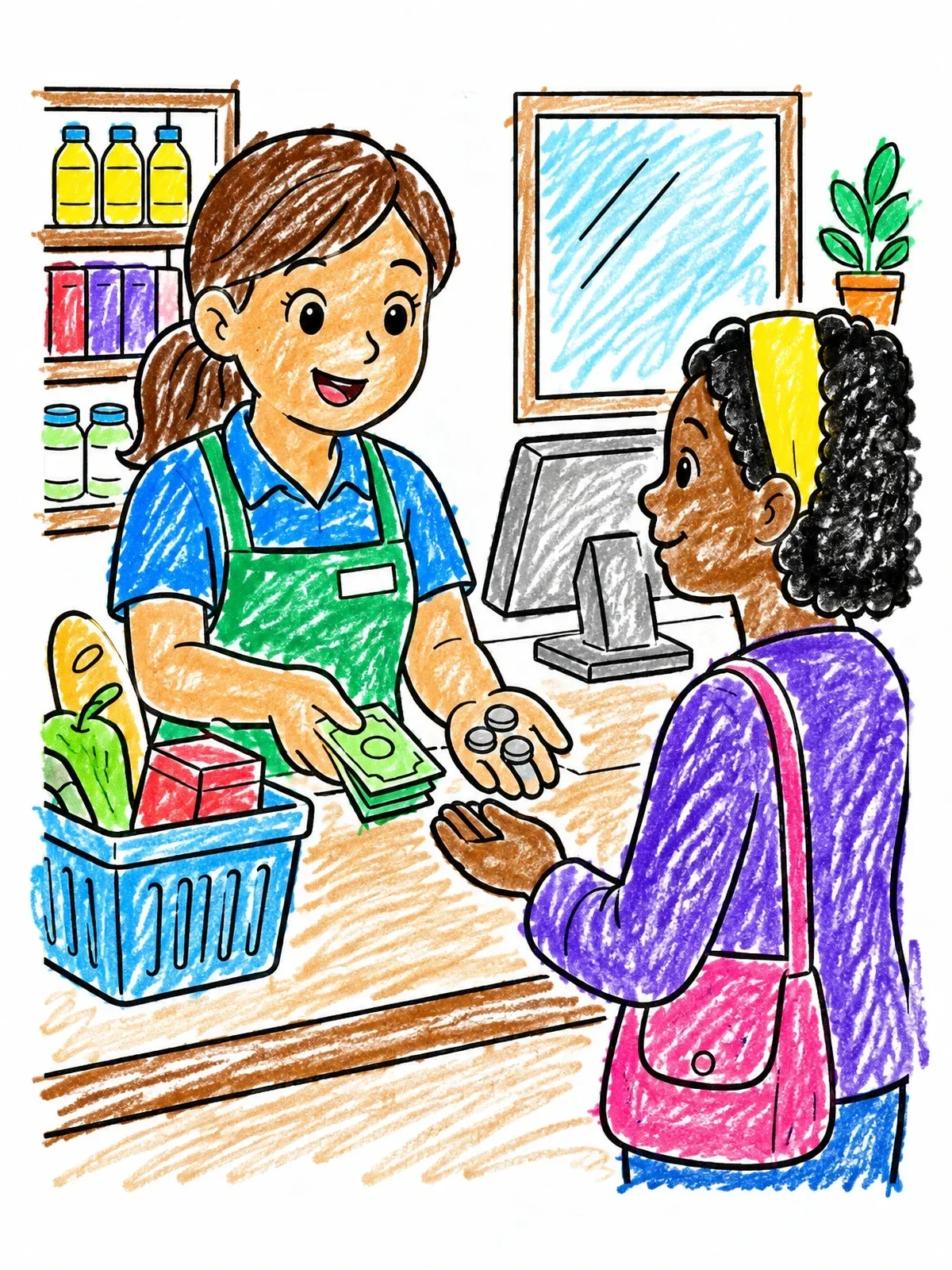 Colored example of the Friendly Cashier Handing Over Change coloring page