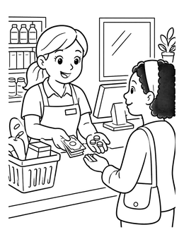 Free printable Friendly Cashier Handing Over Change coloring page