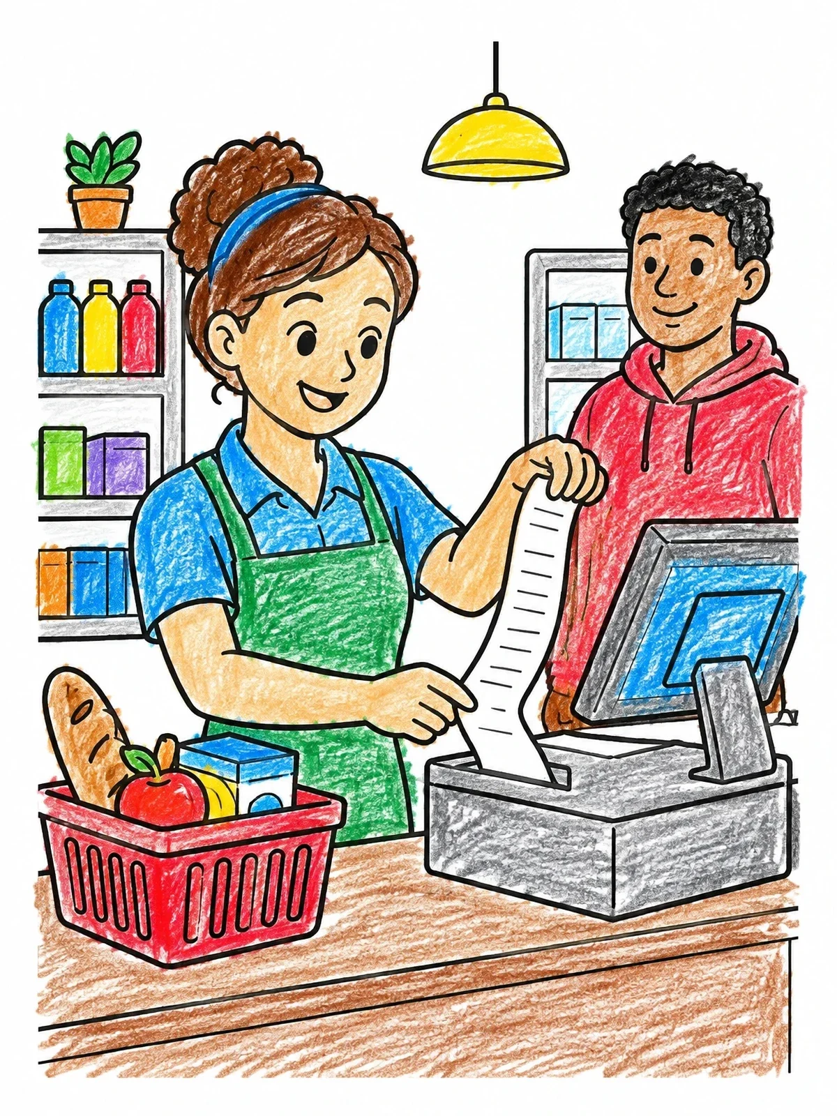 Colored example of the Cashier Handing Receipt To Customer coloring page