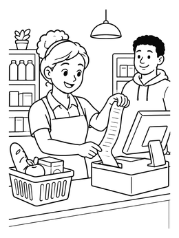 Free printable Cashier Handing Receipt To Customer coloring page