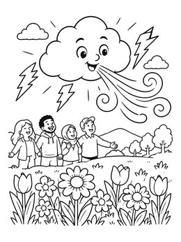 Free printable Friendly Storm Cloud And Flower Field coloring page