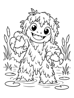 A friendly mossy creature stands in water on this cute monster coloring page.