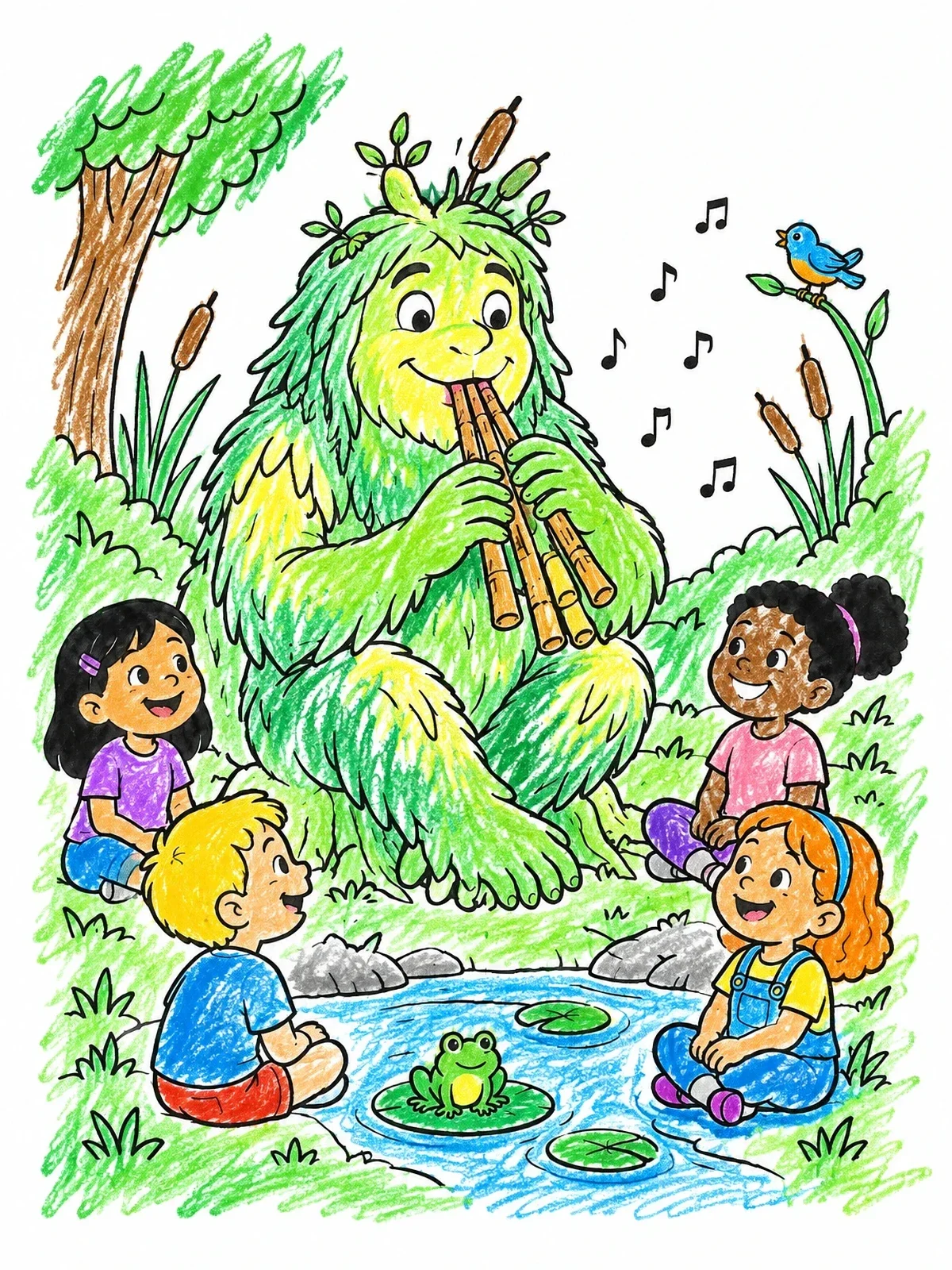 Colored example of the Friendly Swamp Monster Playing Music coloring page
