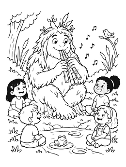 A friendly swamp monster coloring page where the creature plays reed pipes for happy children by a pond.