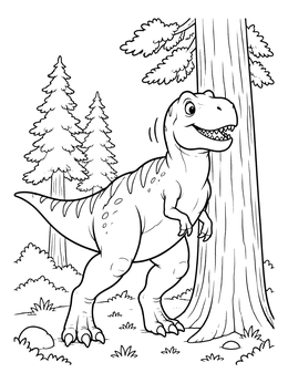 A cheerful t rex coloring page showing a dinosaur scratching its back on a tall tree trunk.