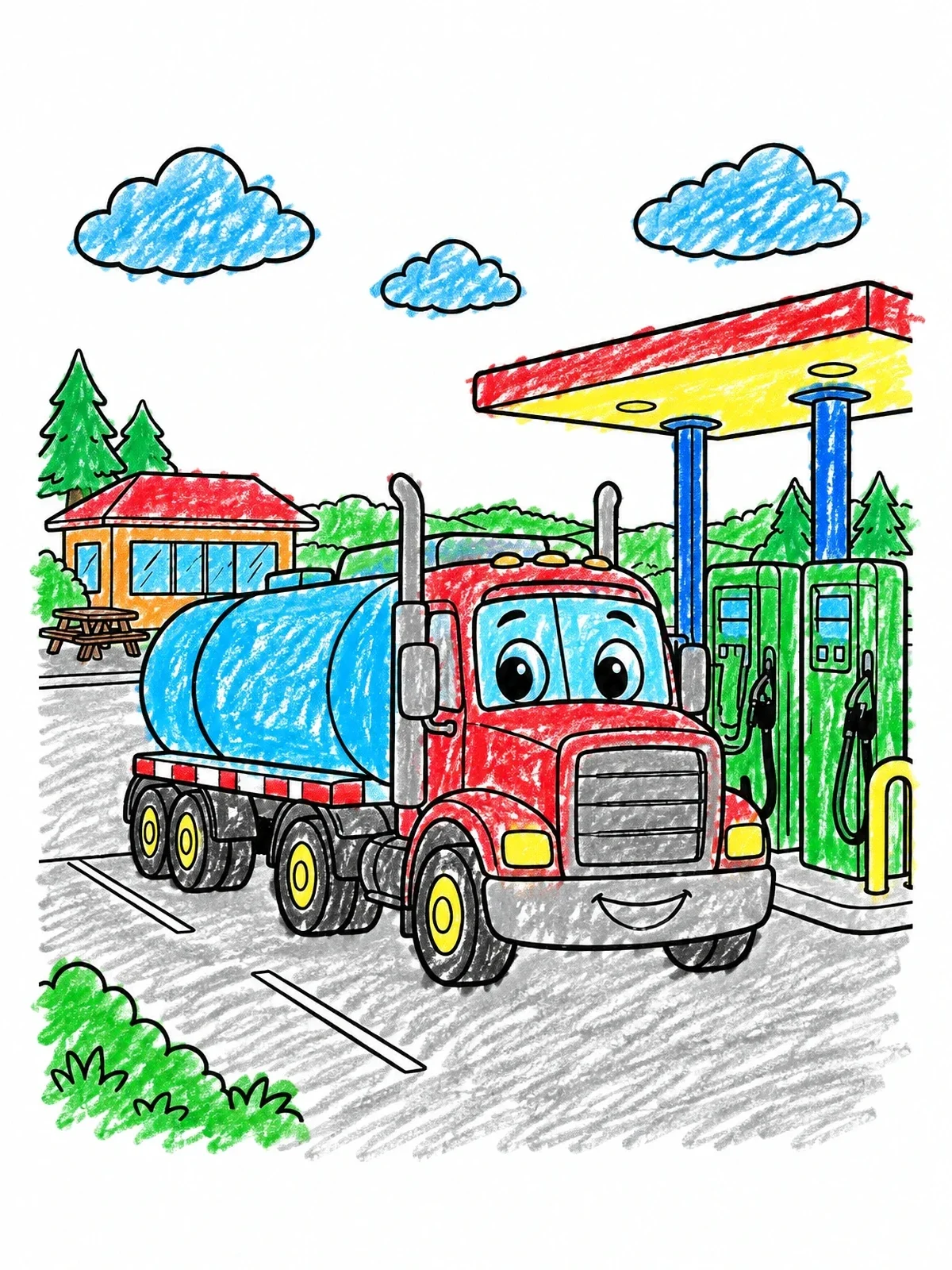 Colored example of the Friendly Tanker Truck At Gas Station coloring page