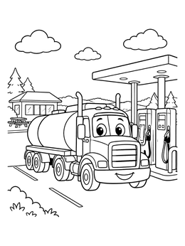 A smiling cartoon tanker truck coloring page parked by fuel pumps at a rest stop.
