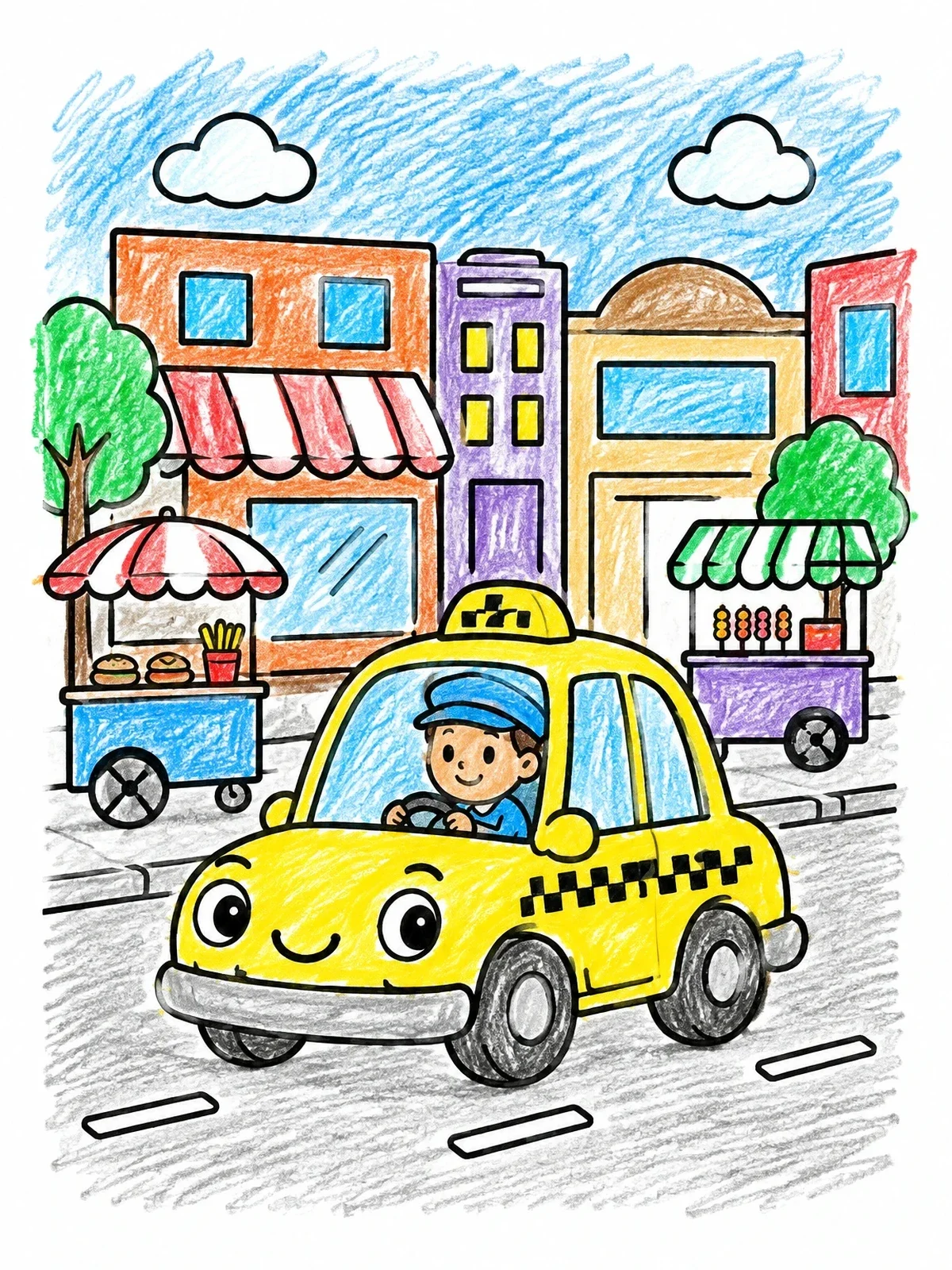 Colored example of the Friendly Taxi Driving Past Food Carts coloring page
