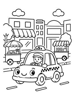 Free printable Friendly Taxi Driving Past Food Carts coloring page