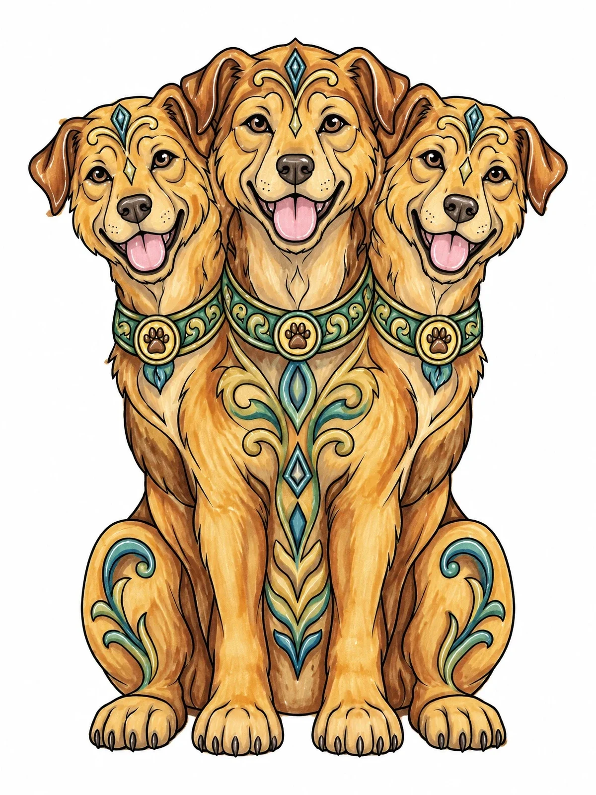 Colored example of the Friendly Three Headed Cerberus Dog coloring page