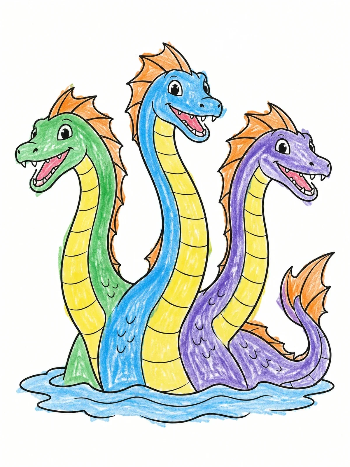 Colored example of the Friendly Three Headed Sea Hydra coloring page