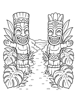 Two smiling wooden statues welcome visitors along an island path in this tiki coloring page.