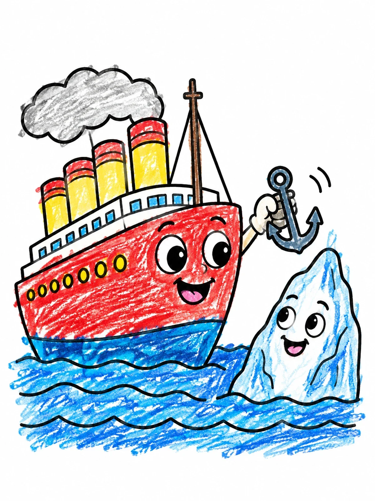Colored example of the Friendly Titanic And Smiling Iceberg coloring page