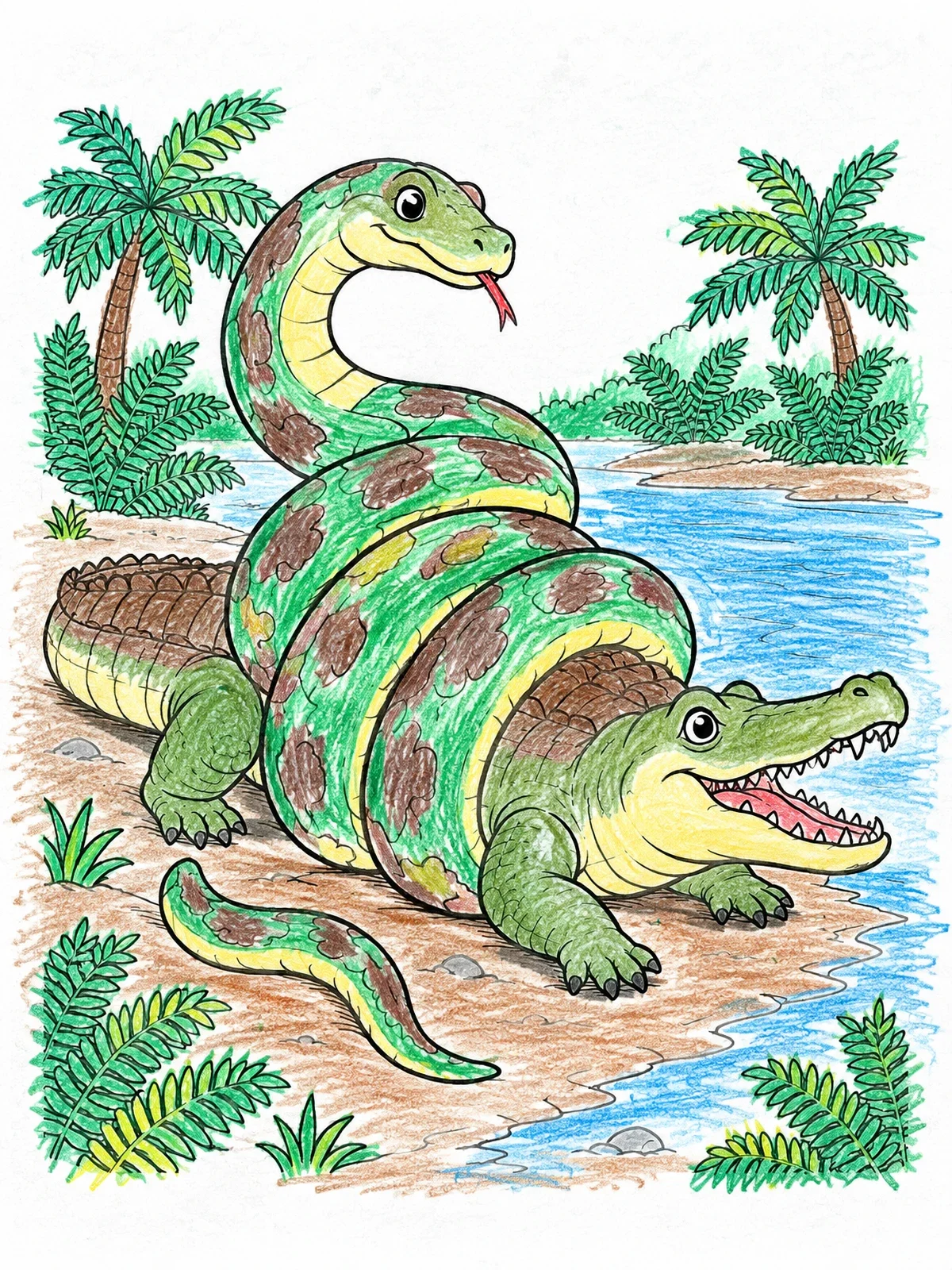 Colored example of the Friendly Titanoboa And Giant Crocodile coloring page