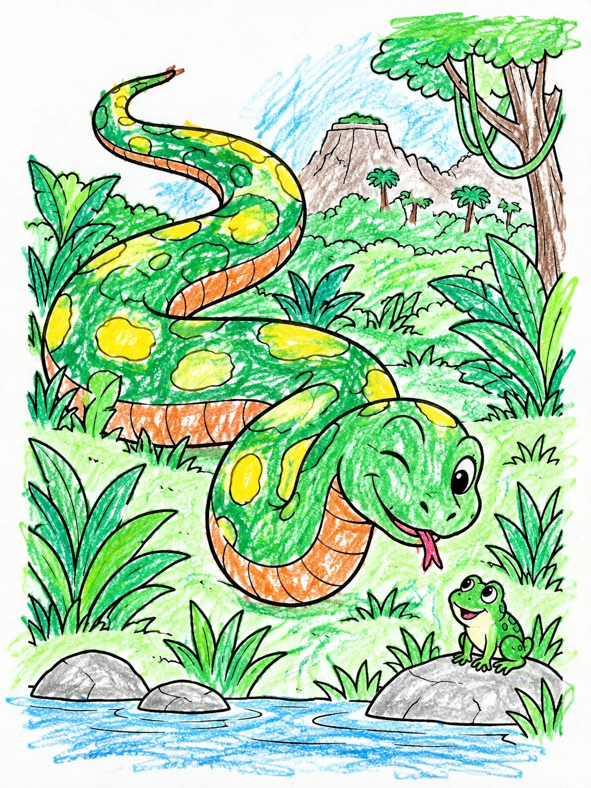 Colored example of the Friendly Titanoboa And Jungle Frog coloring page