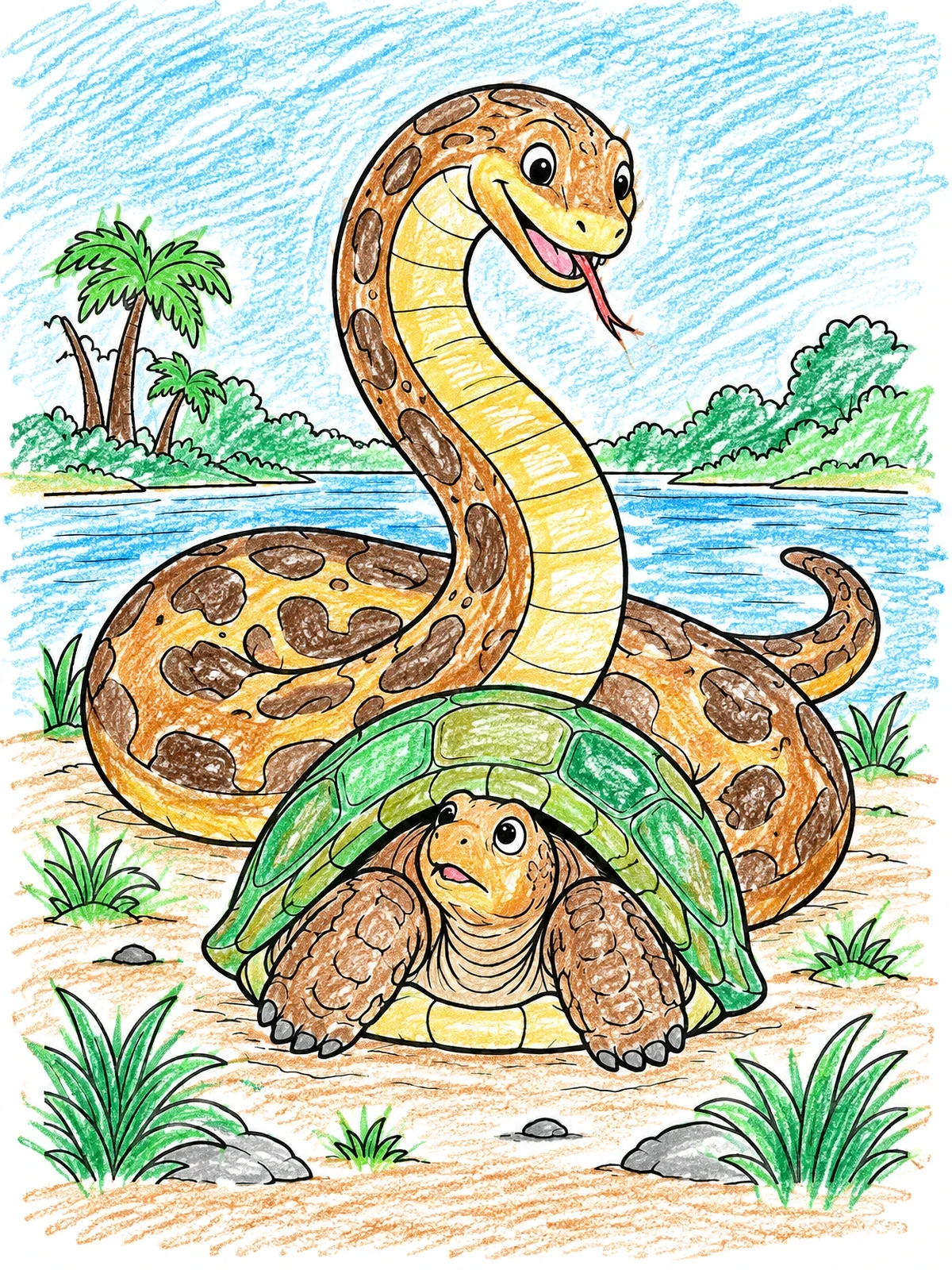 Colored example of the Friendly Titanoboa And Prehistoric Turtle coloring page