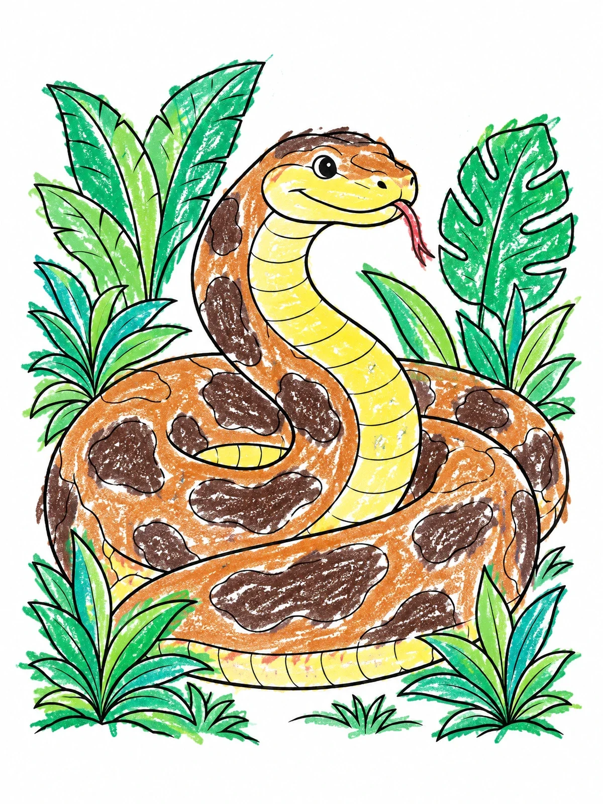 Colored example of the Friendly Titanoboa In Jungle Foliage coloring page