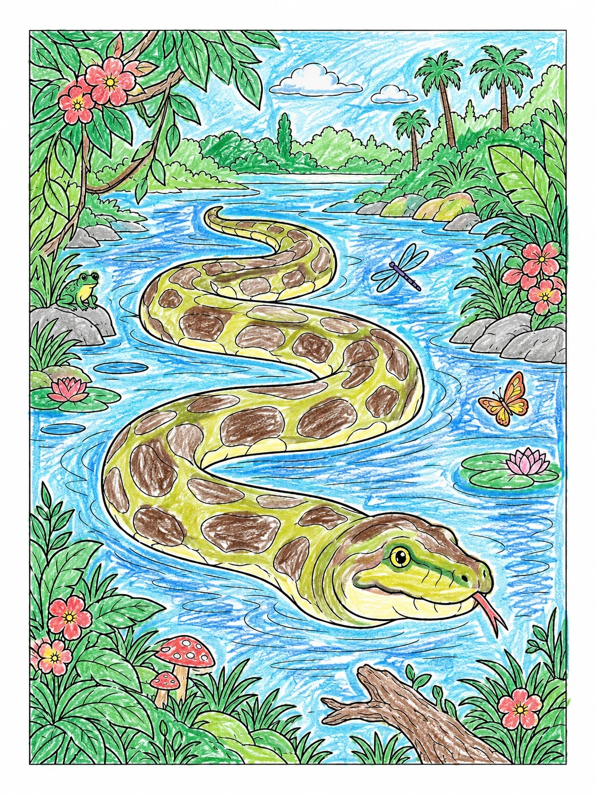 Colored example of the Titanoboa Gliding Through Jungle River coloring page