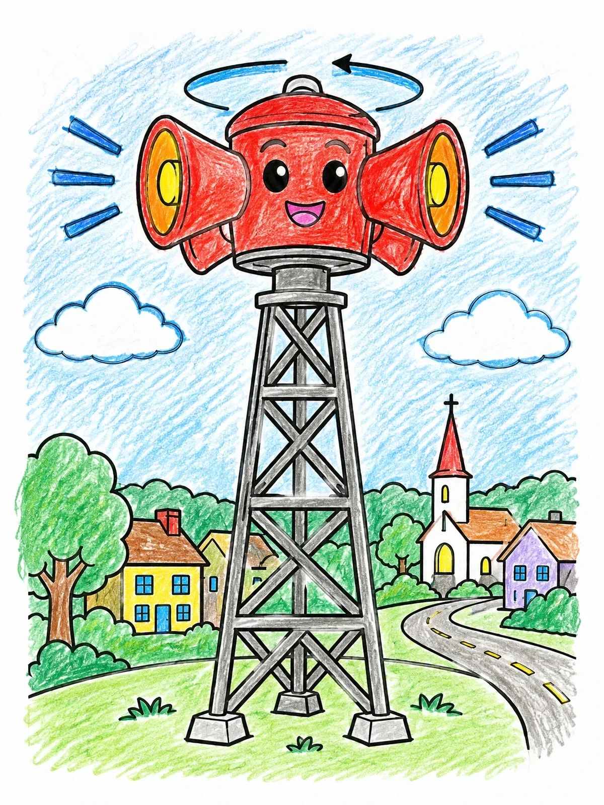 Colored example of the Friendly Tornado Siren On Tower coloring page