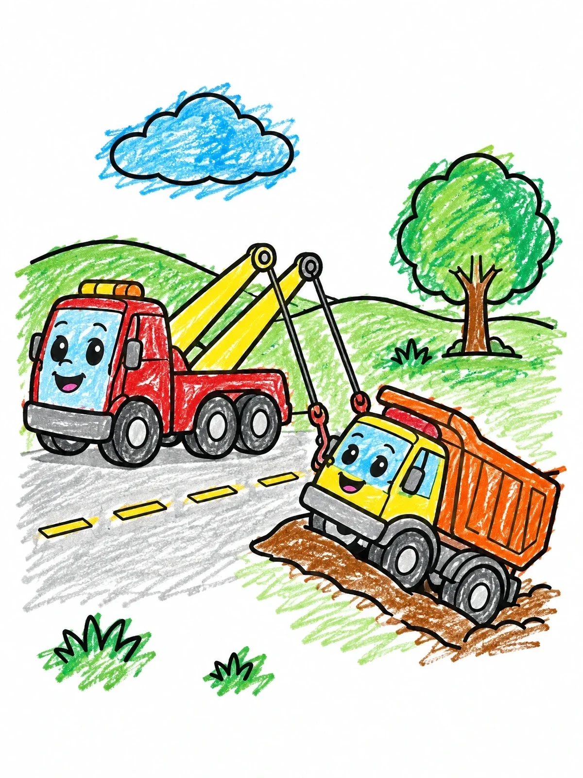 Colored example of the Friendly Tow Truck Rescuing Dump Truck coloring page