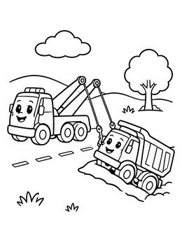 Free printable Friendly Tow Truck Rescuing Dump Truck coloring page