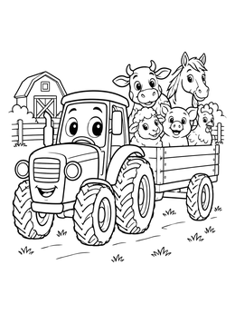A friendly cartoon tractor coloring page with farm animals riding in the trailer beside a barn.
