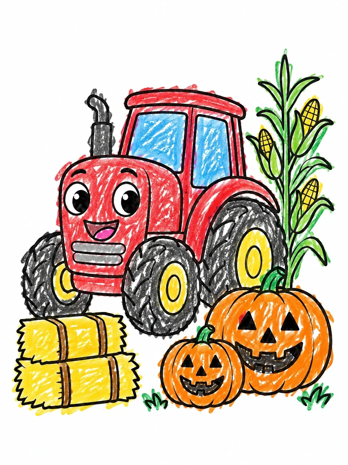 Colored example of the Friendly Tractor With Autumn Pumpkins coloring page