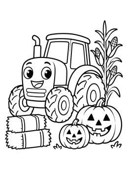 A cheerful tractor coloring page with pumpkins, hay bales, and corn stalks on a farm.
