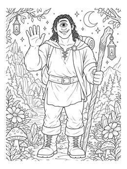 A friendly cyclops coloring page showing a one-eyed giant traveler waving his hand on a mountain path.