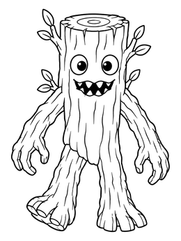 A friendly tree trunk monster coloring page with smiling face and leafy branches.