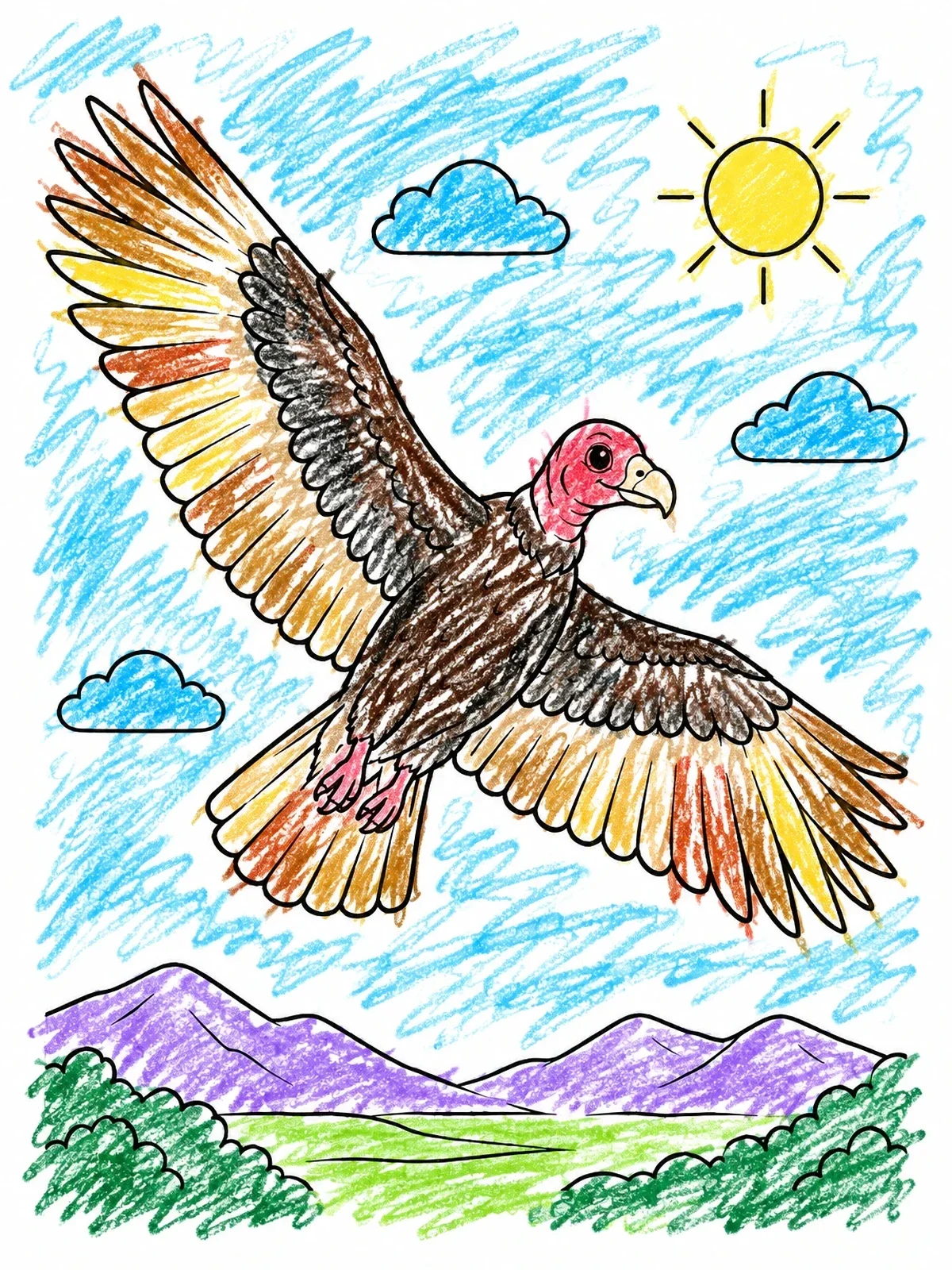 Colored example of the Friendly Turkey Vulture Soaring High coloring page
