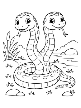 A cheerful cartoon two-headed snake coloring page resting near a pond with cattails.
