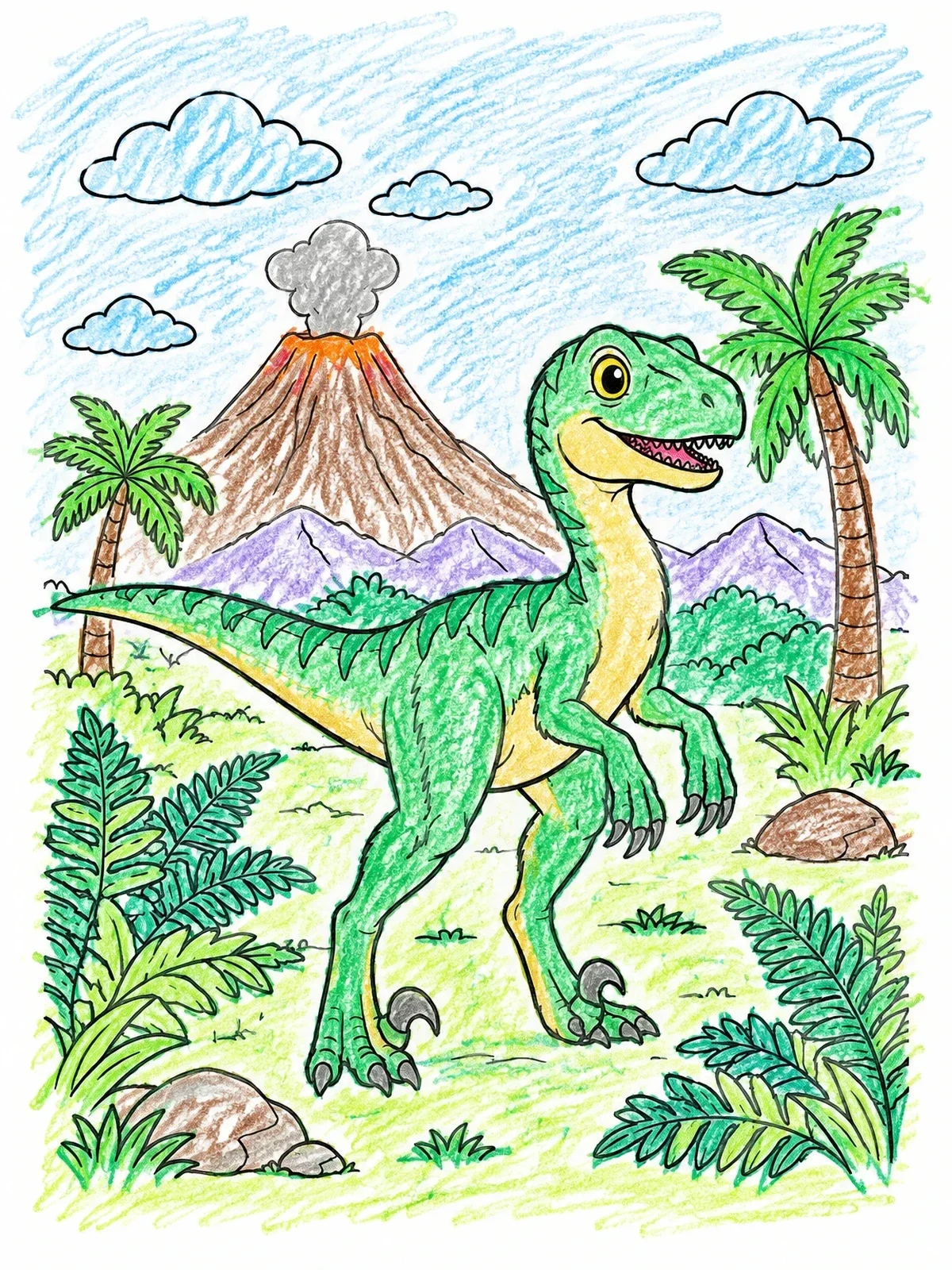 Colored example of the Friendly Velociraptor By The Volcano coloring page