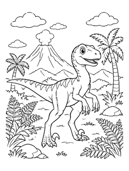 Free printable Friendly Velociraptor By The Volcano coloring page