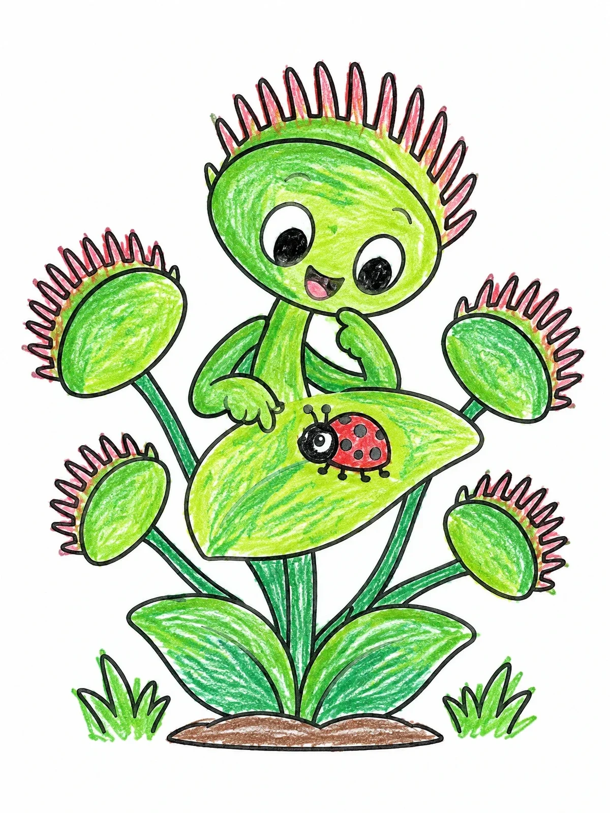 Colored example of the Friendly Venus Flytrap And Ladybug coloring page