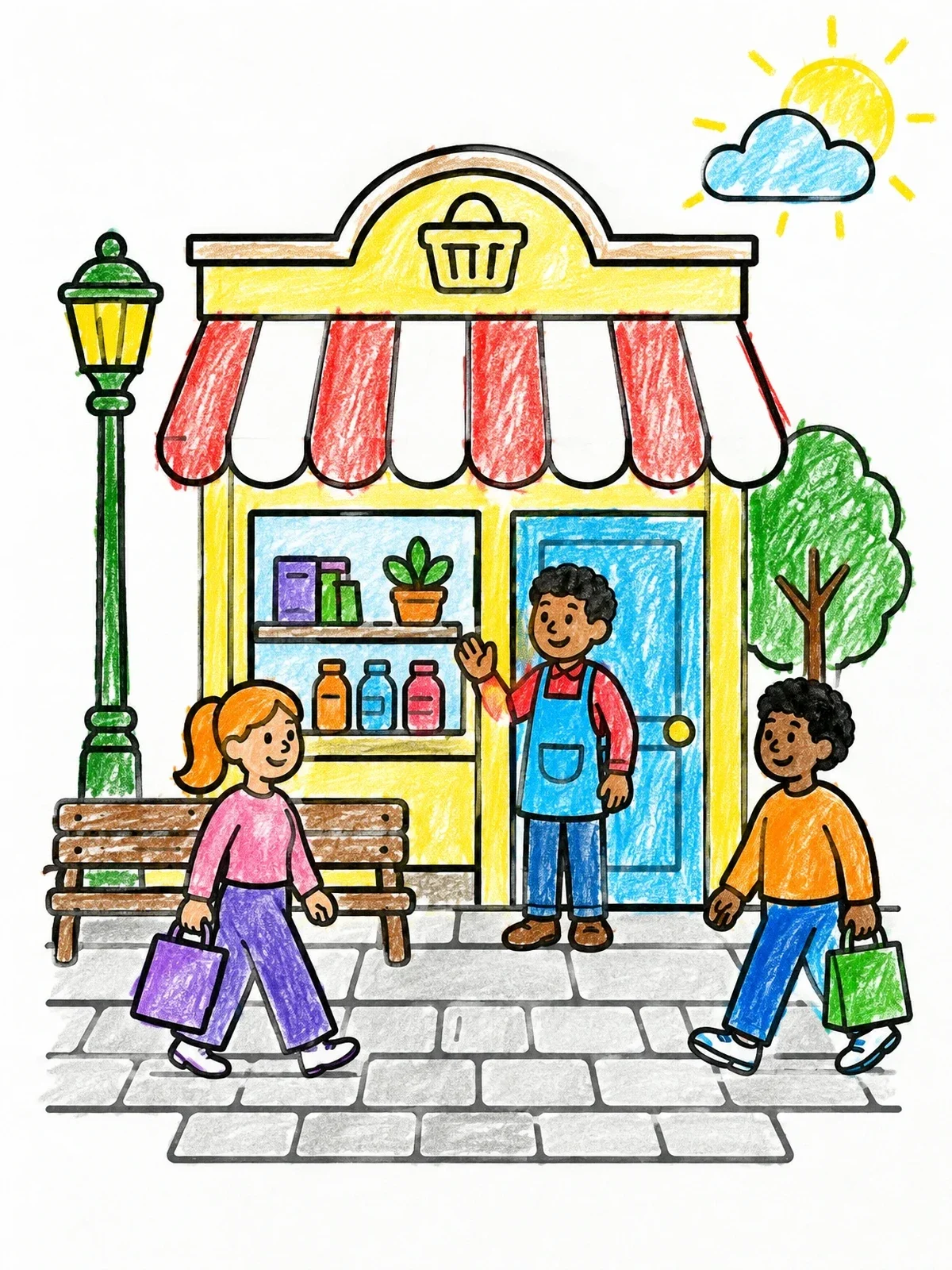 Colored example of the Friendly Village Storefront And Shoppers coloring page