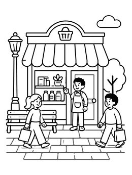 Free printable Friendly Village Storefront And Shoppers coloring page