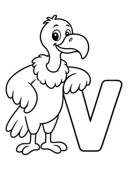 Free printable Friendly Vulture Beside Letter V coloring page