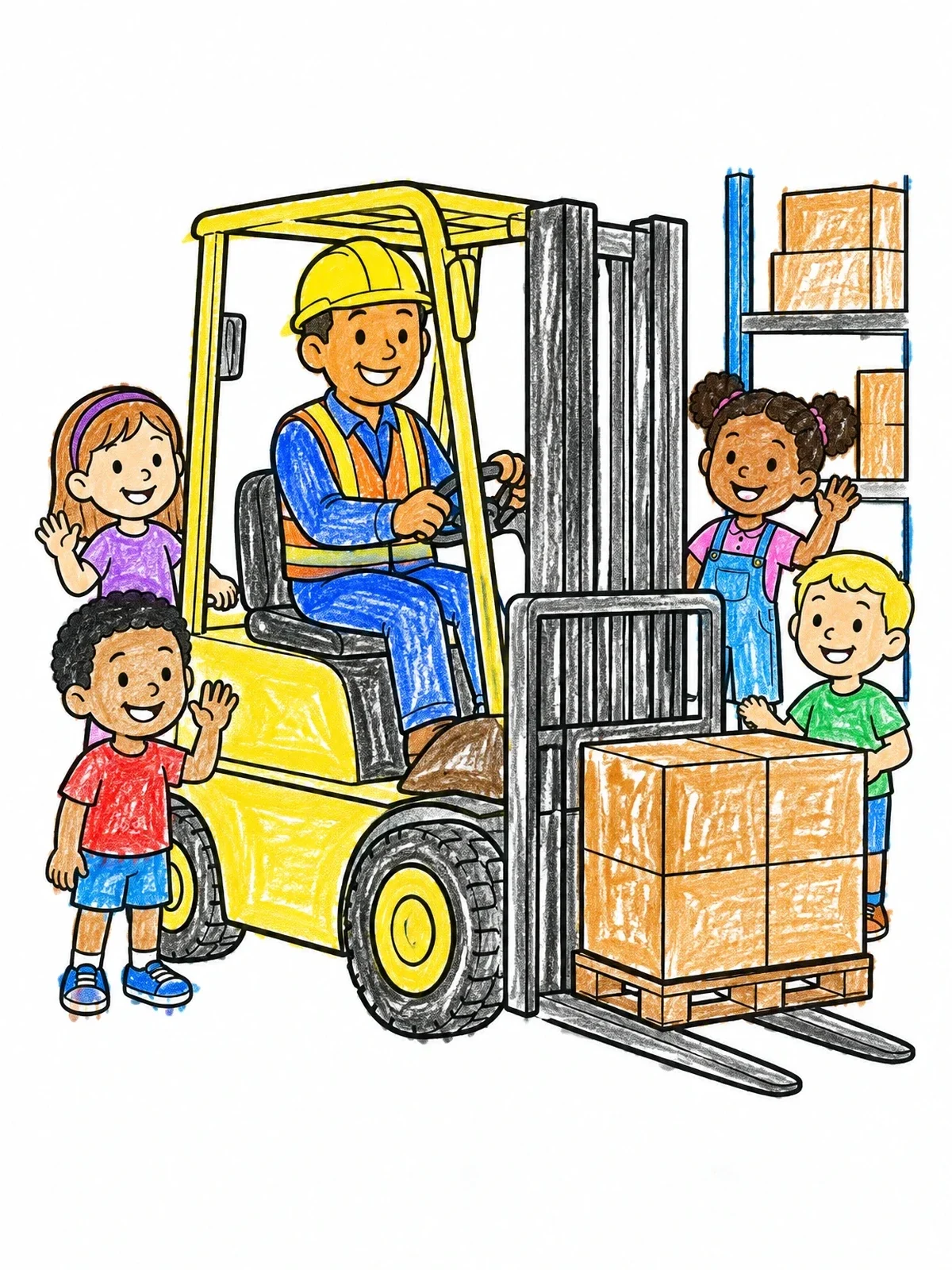 Colored example of the Friendly Warehouse Worker And Forklift coloring page