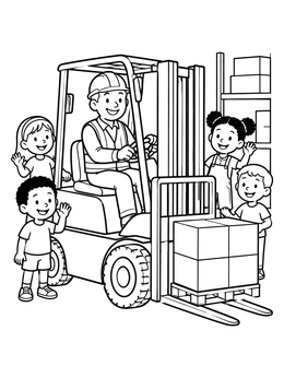 Free printable Friendly Warehouse Worker And Forklift coloring page