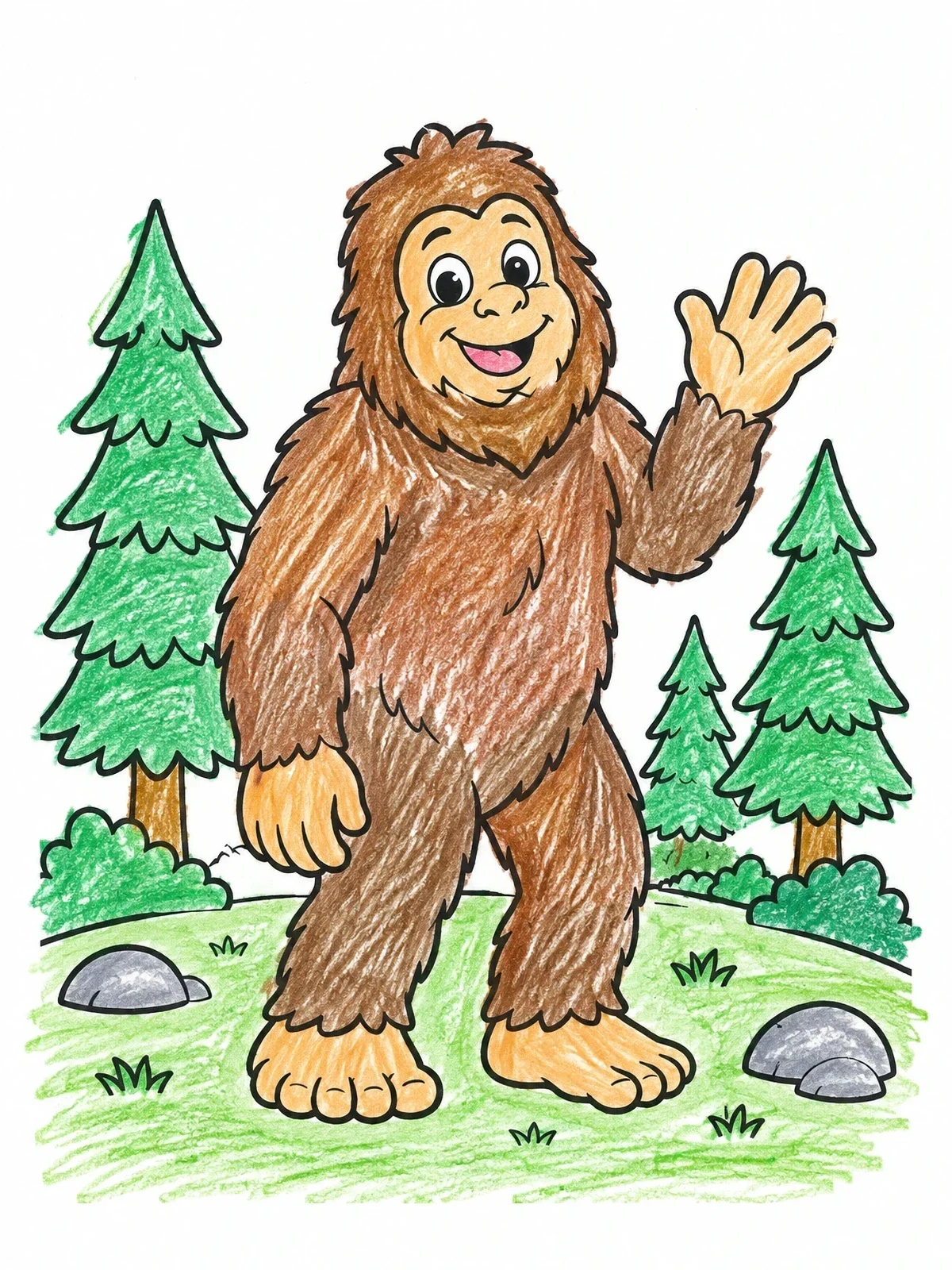 Colored example of the Friendly Waving Bigfoot In The Forest coloring page