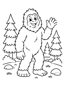 Free printable Friendly Waving Bigfoot In The Forest coloring page