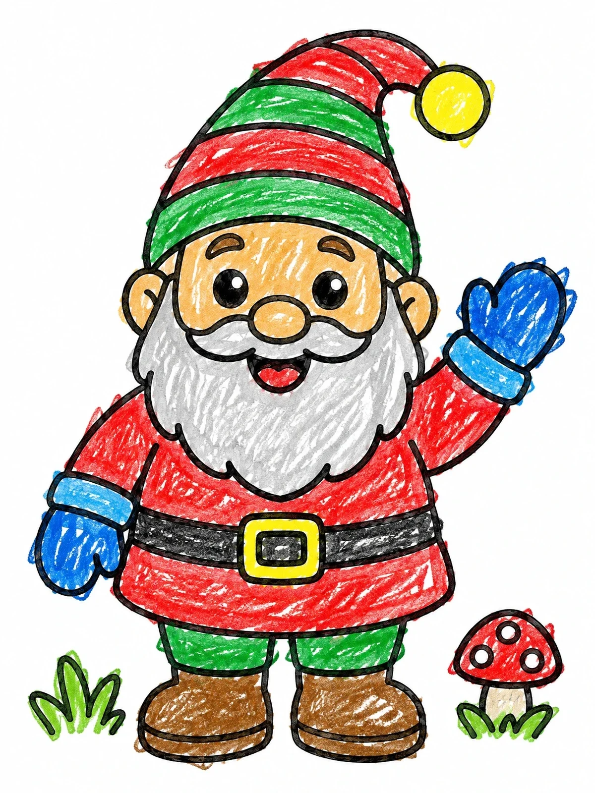 Colored example of the Friendly Waving Garden Gnome coloring page