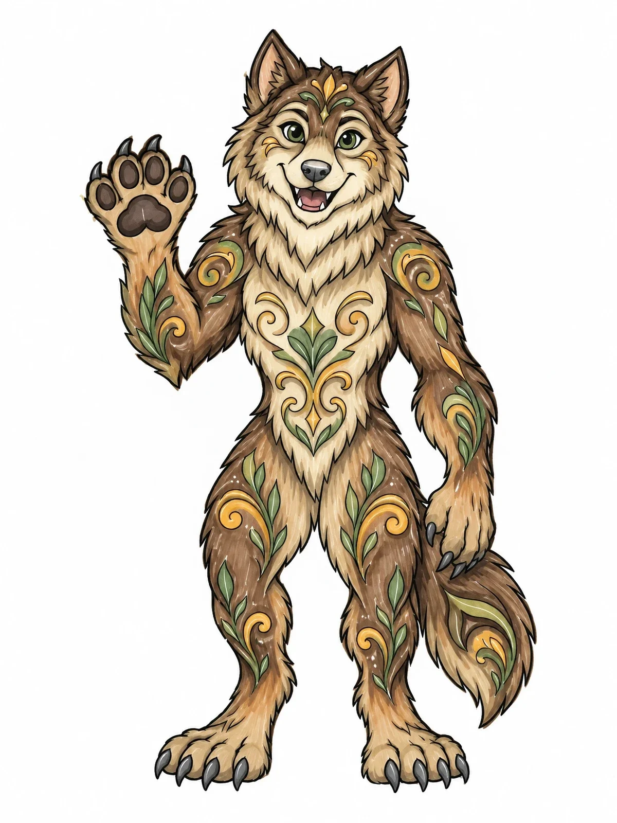 Colored example of the Friendly Werewolf With Floral Patterns coloring page