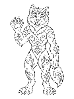 A cheerful werewolf coloring page showing a standing wolf character waving.