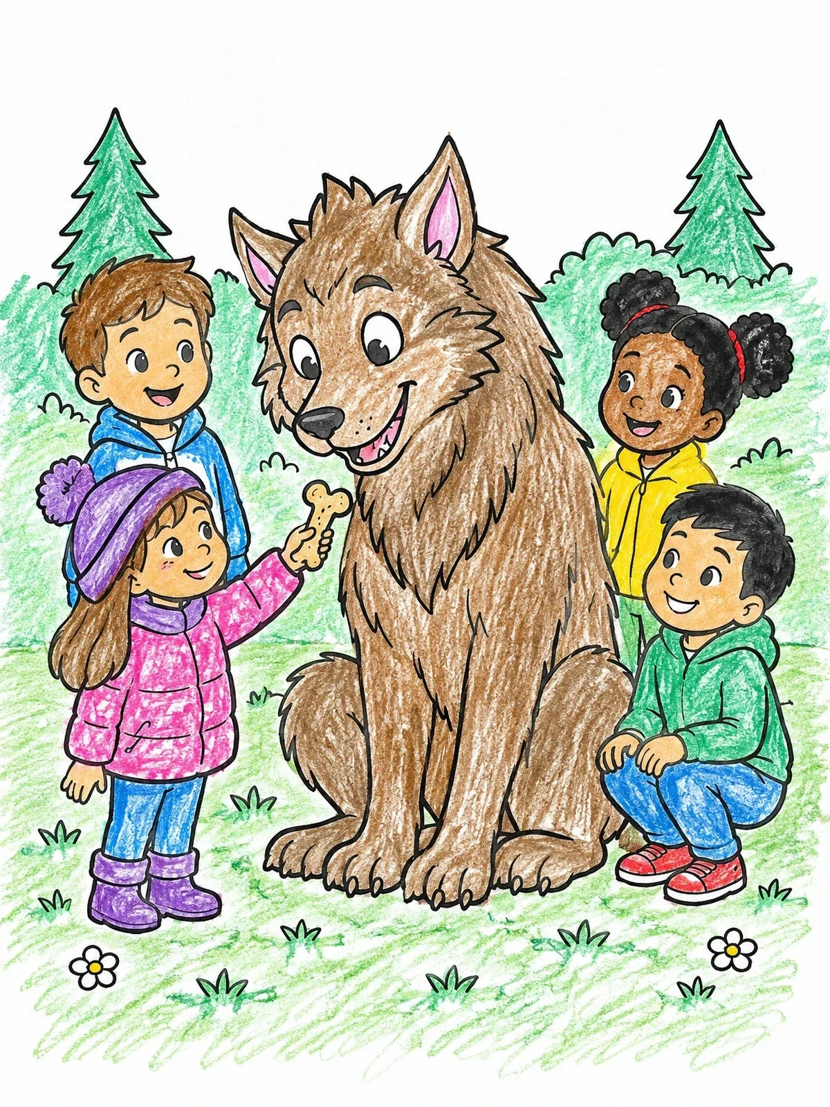 Colored example of the Friendly Werewolf With Cheerful Children coloring page