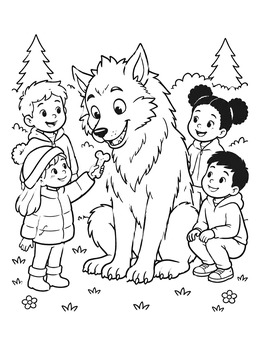 Free printable Friendly Werewolf With Cheerful Children coloring page
